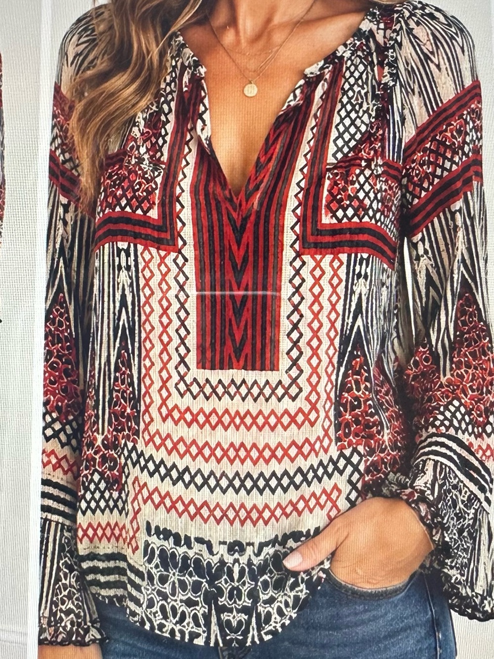 LUCKY BRAND BOHO PRINT RUFFLE BLOUSE TOP (L)